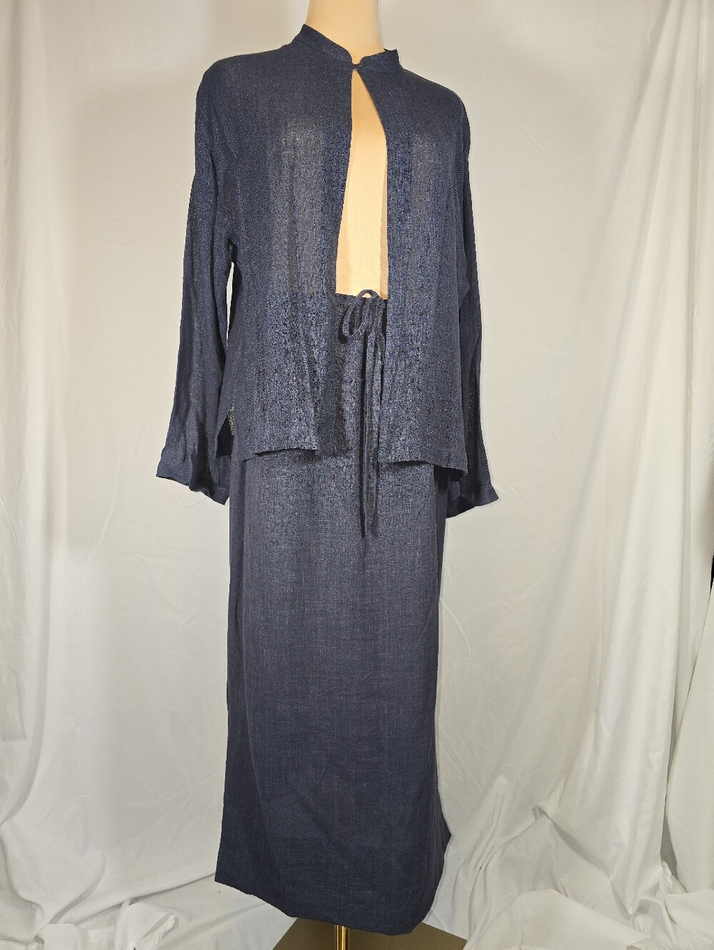 Navy Slate Blue Two-Piece Skirt Set with Open One Button Top